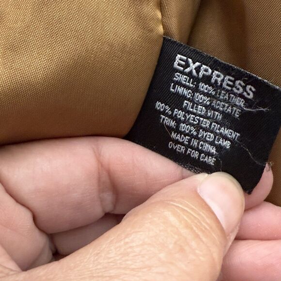 Express Vintage Y2K Dyed Lamb Trimmed Suede Jacket Tan Coat Sz Medium - Picture 8 of 10